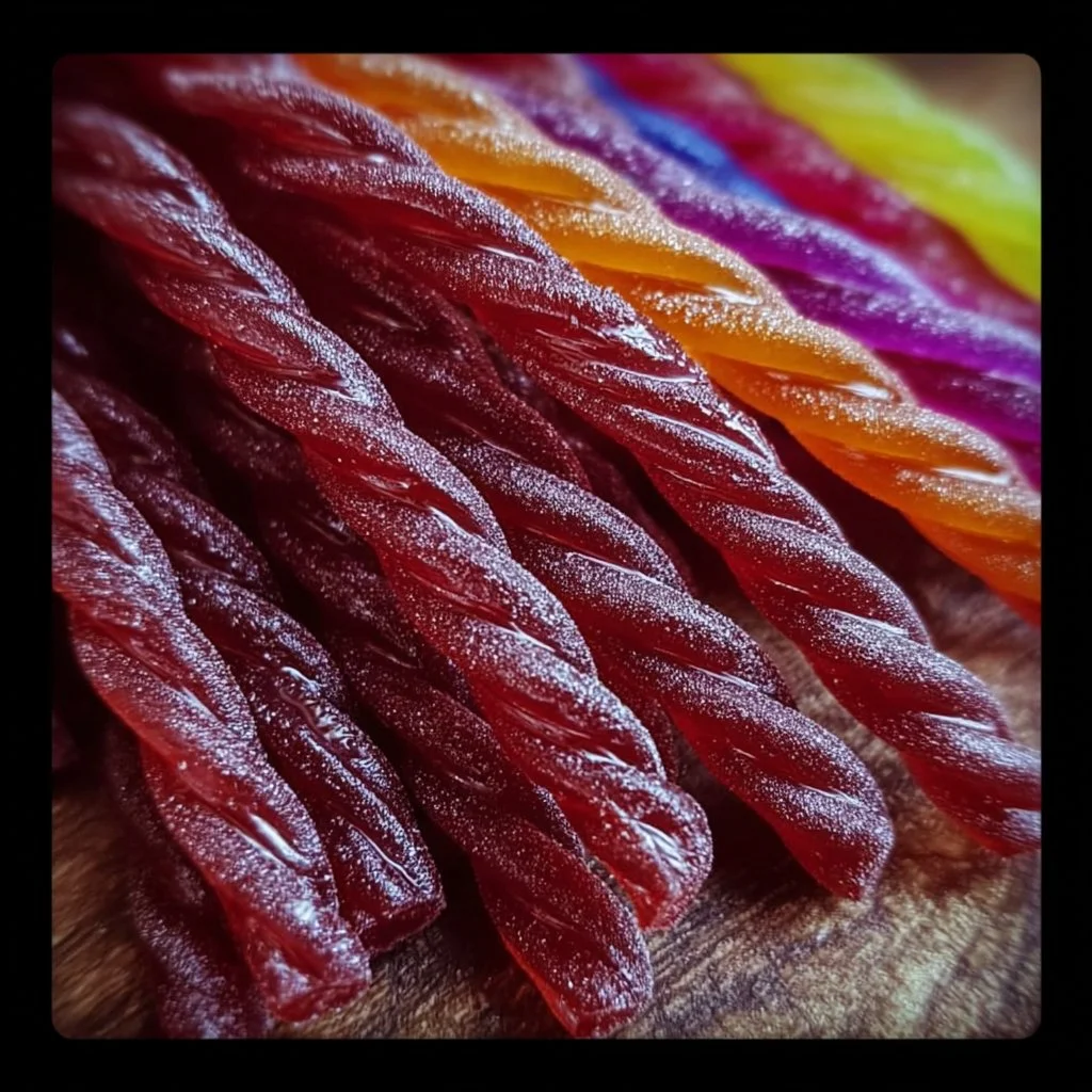 Colorful homemade Kool-Aid Licorice ropes displayed on a wooden table.