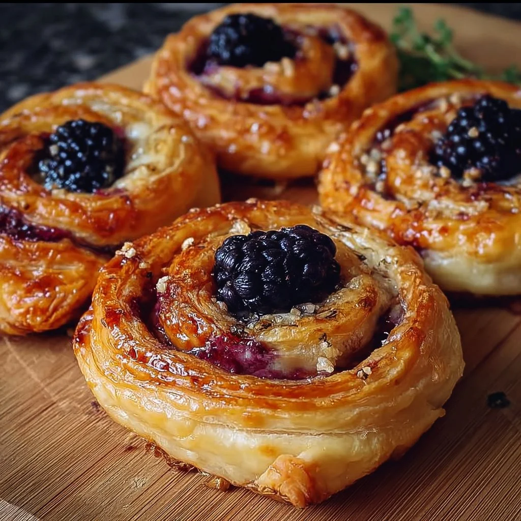 Honeyed Brie-Blackberry puff pastry swirls on a wooden board