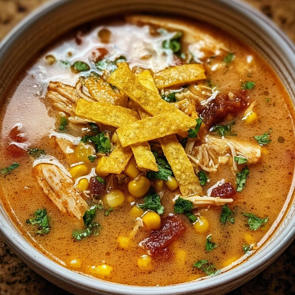 A bowl of delicious Chicken Tortilla Soup topped with crispy tortilla strips and fresh cilantro