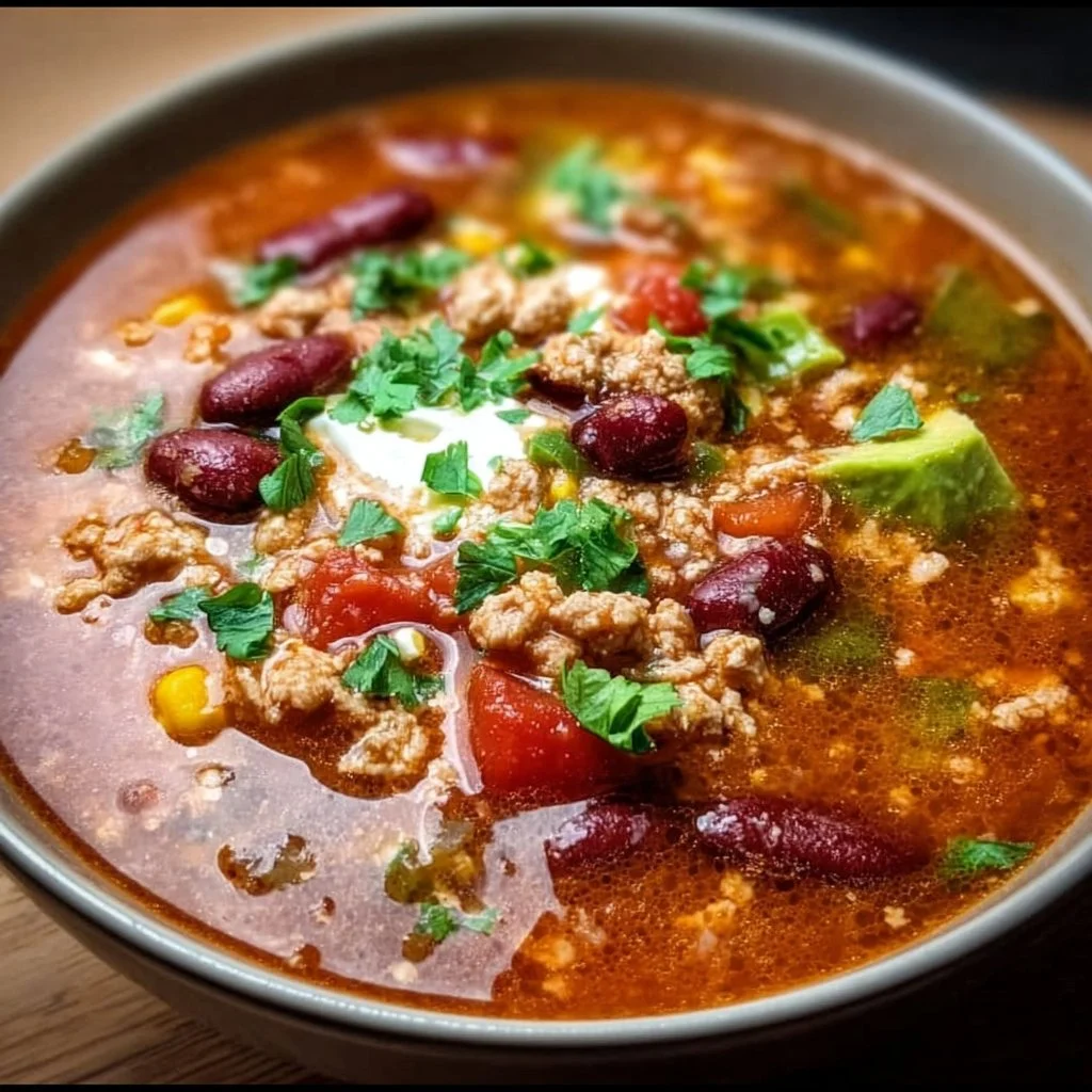 Bowl of healthy taco soup topped with fresh cilantro and avocado.