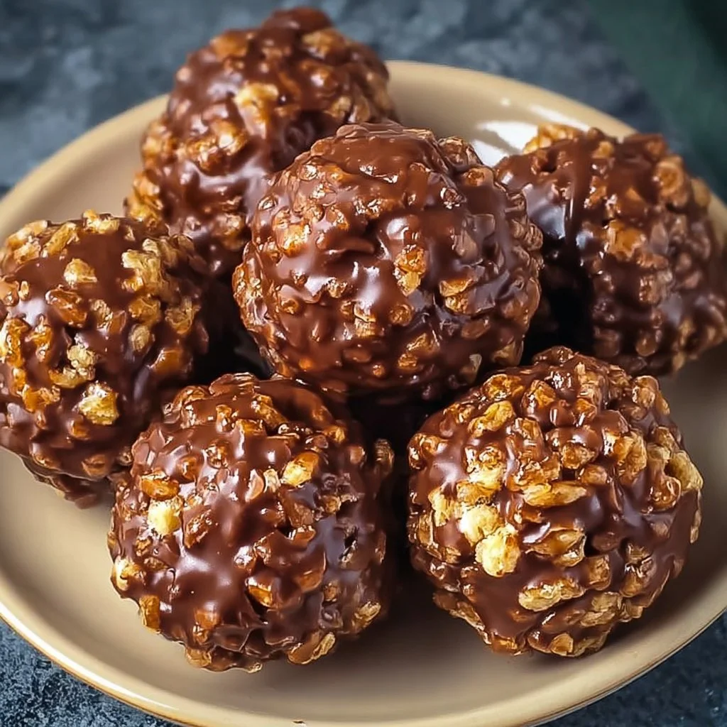 Delicious Chocolate Rice Krispie Balls on a plate, perfect for snacks.