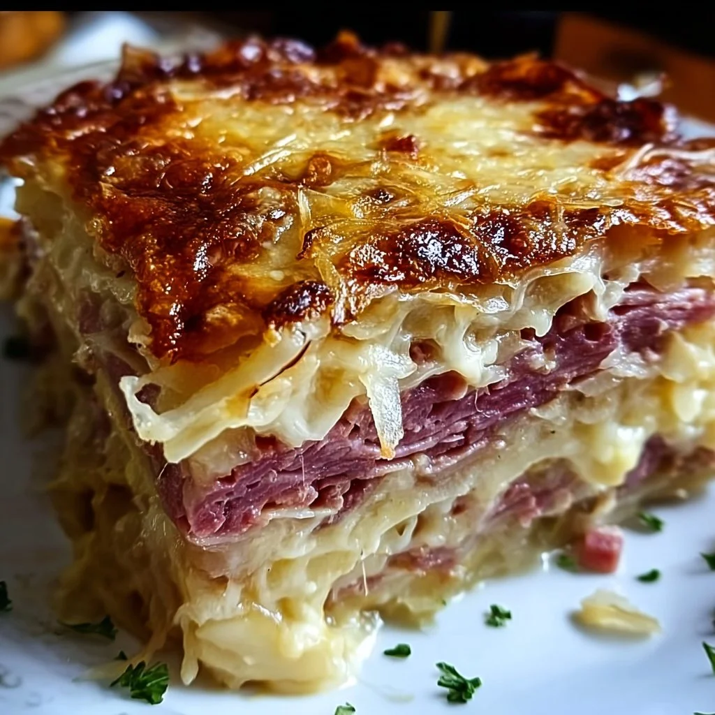 Layered Reuben Casserole Bake with corned beef, sauerkraut, and Swiss cheese