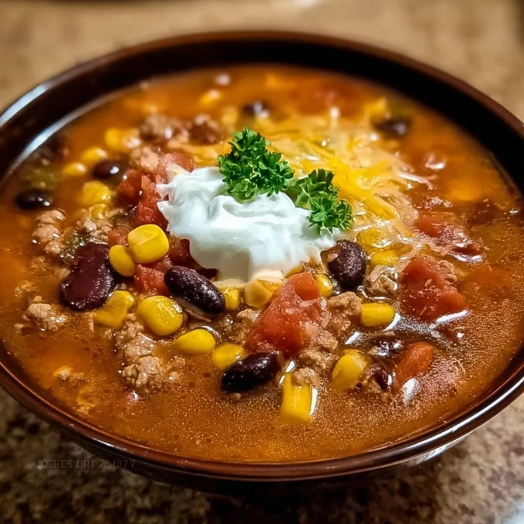 Bowl of Lazy Day Taco Soup with toppings like cilantro and cheese