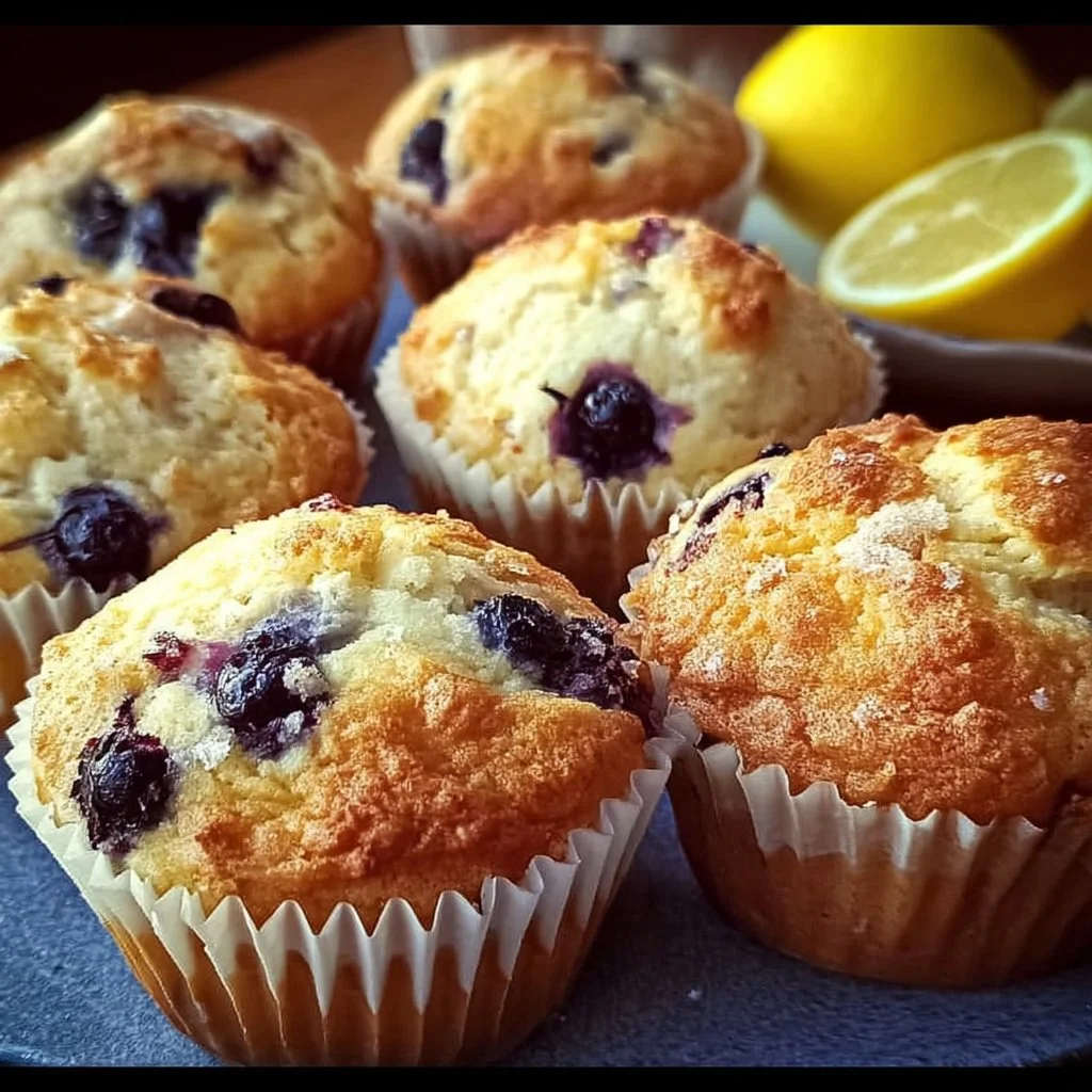 Freshly baked Lemon-Blueberry Muffins on a rustic wooden table