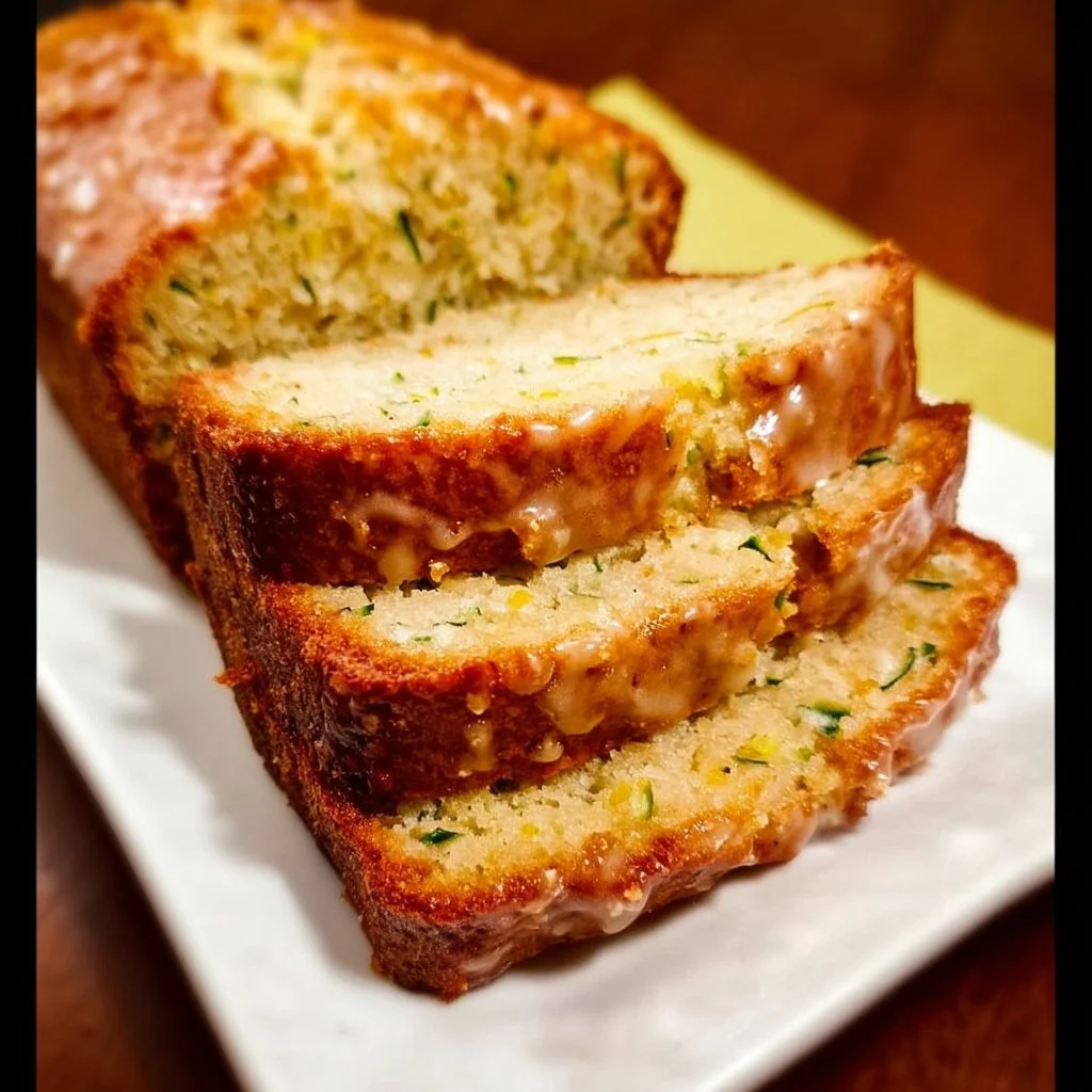Sliced Lemon Zucchini Bread topped with lemon glaze on a wooden board