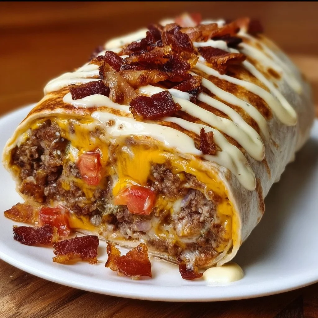 Loaded Bacon Cheeseburger Burrito with creamy cheese finish