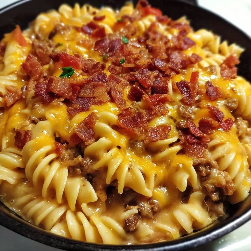 Loaded Bacon Cheeseburger Pasta Skillet topped with crispy bacon and melted cheese.