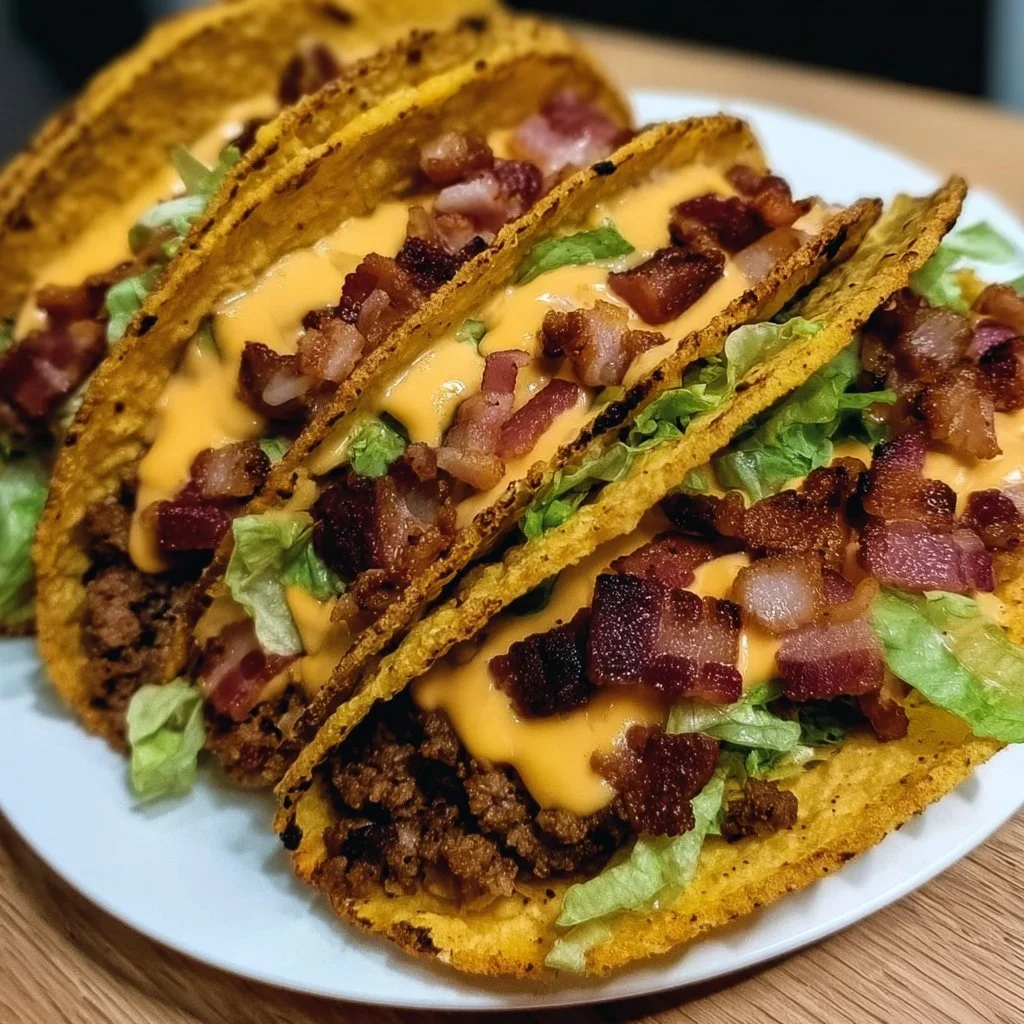 Loaded bacon cheeseburger tacos with toppings on a plate