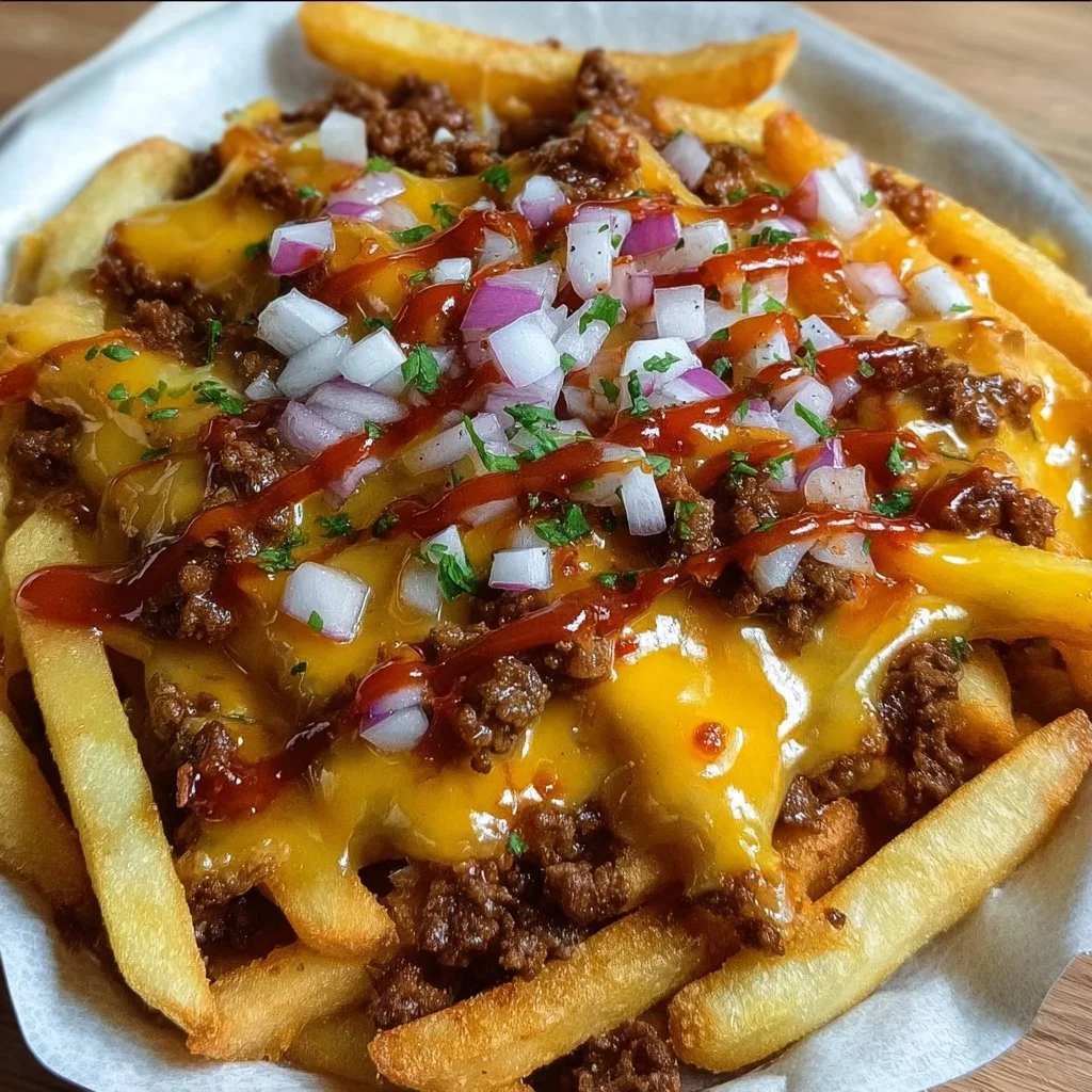 Loaded cheese fries topped with beef, cheese, and toppings served in a bowl