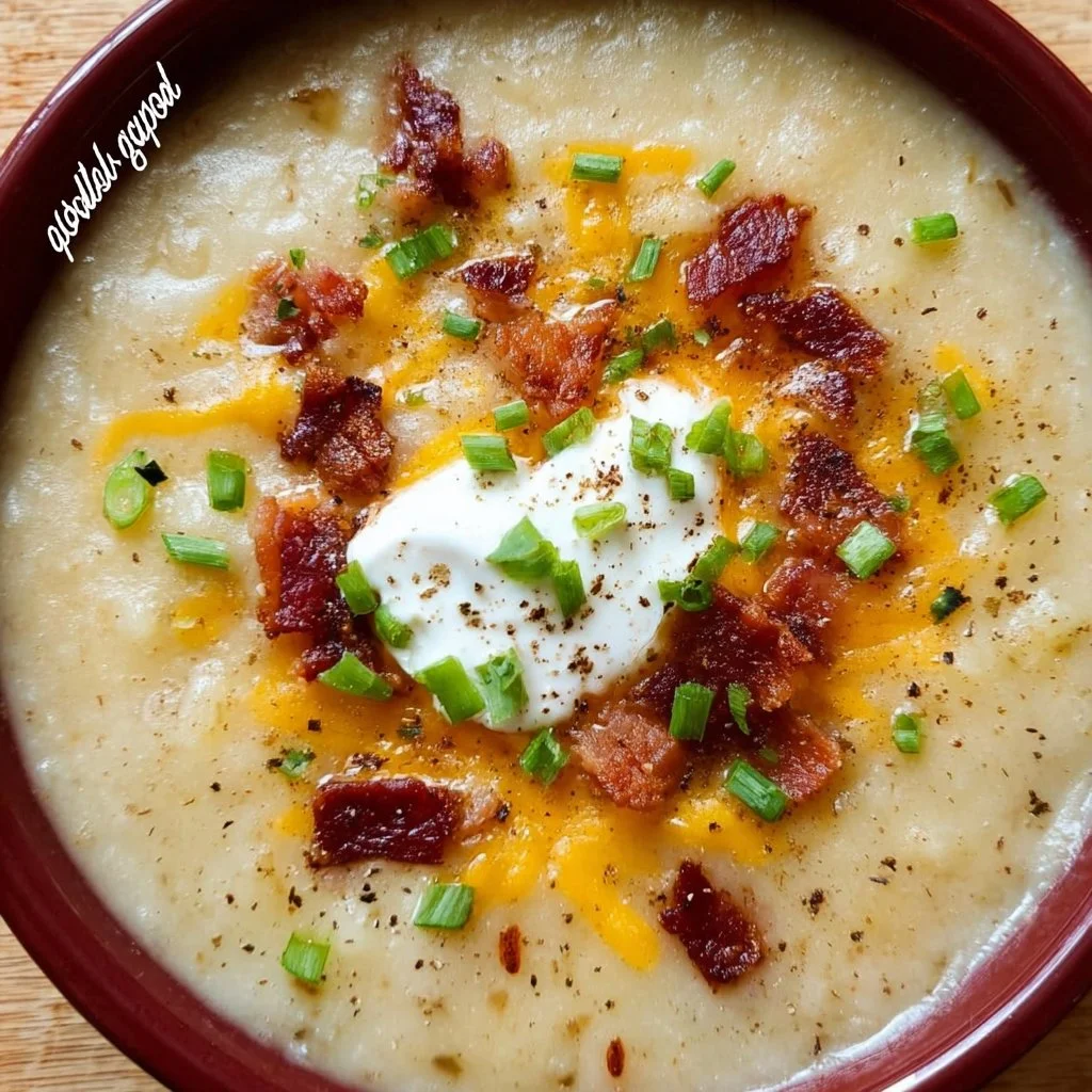 Bowl of loaded potato soup topped with bacon, cheese, and green onions