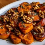Delicious maple roasted sweet potatoes with walnuts served in a bowl