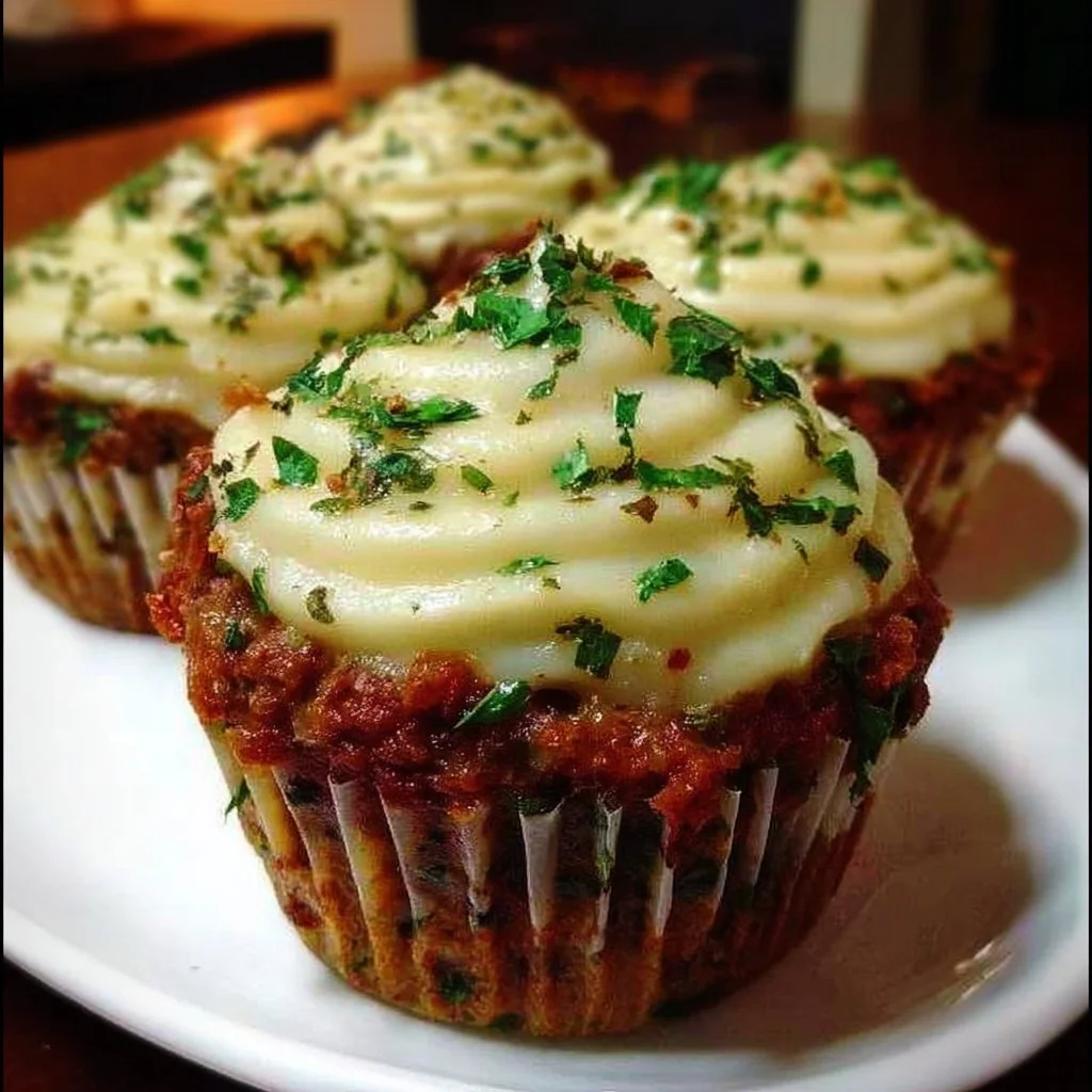 Delicious meatloaf cupcakes topped with creamy whipped potatoes