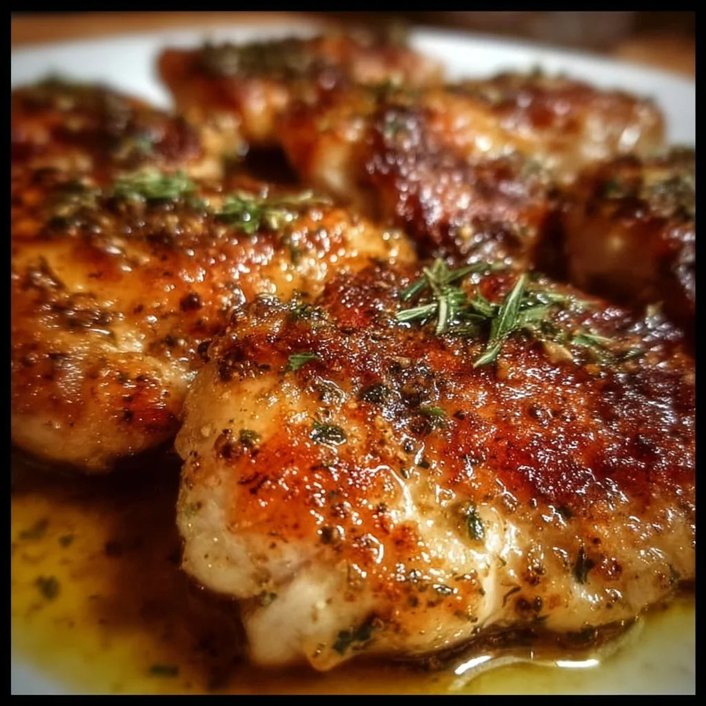 Plate of melt-in-your-mouth chicken garnished with herbs