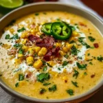A bowl of flavorful Mexican street corn soup garnished with cilantro and lime