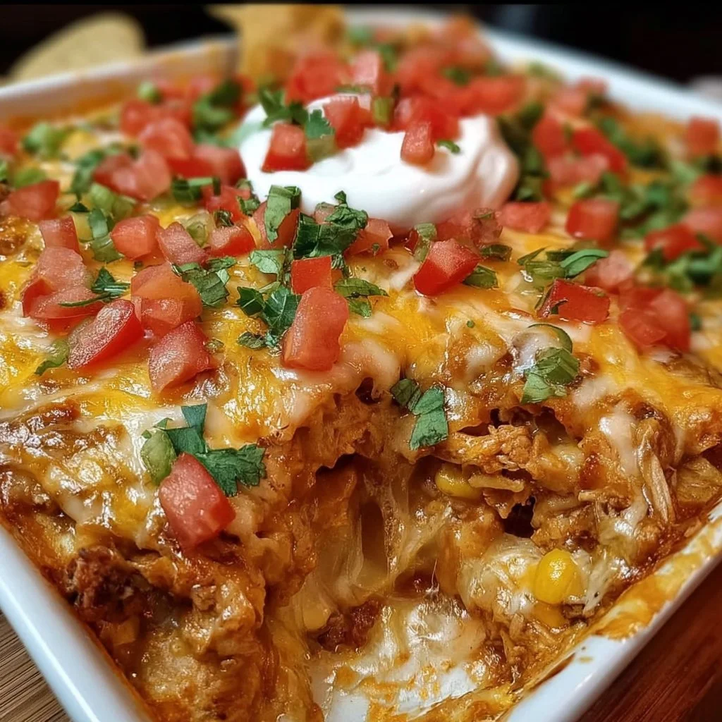 Delicious Mexican White Trash Casserole topped with cheese and peppers