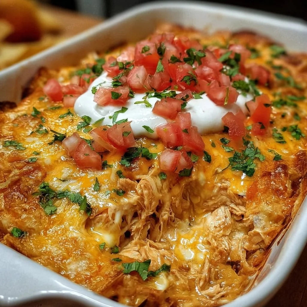 Mexican White Trash Casserole with cheese and toppings in a baking dish