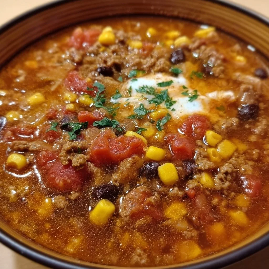A bowl of mouthwatering slow cooker taco soup garnished with cilantro and avocado