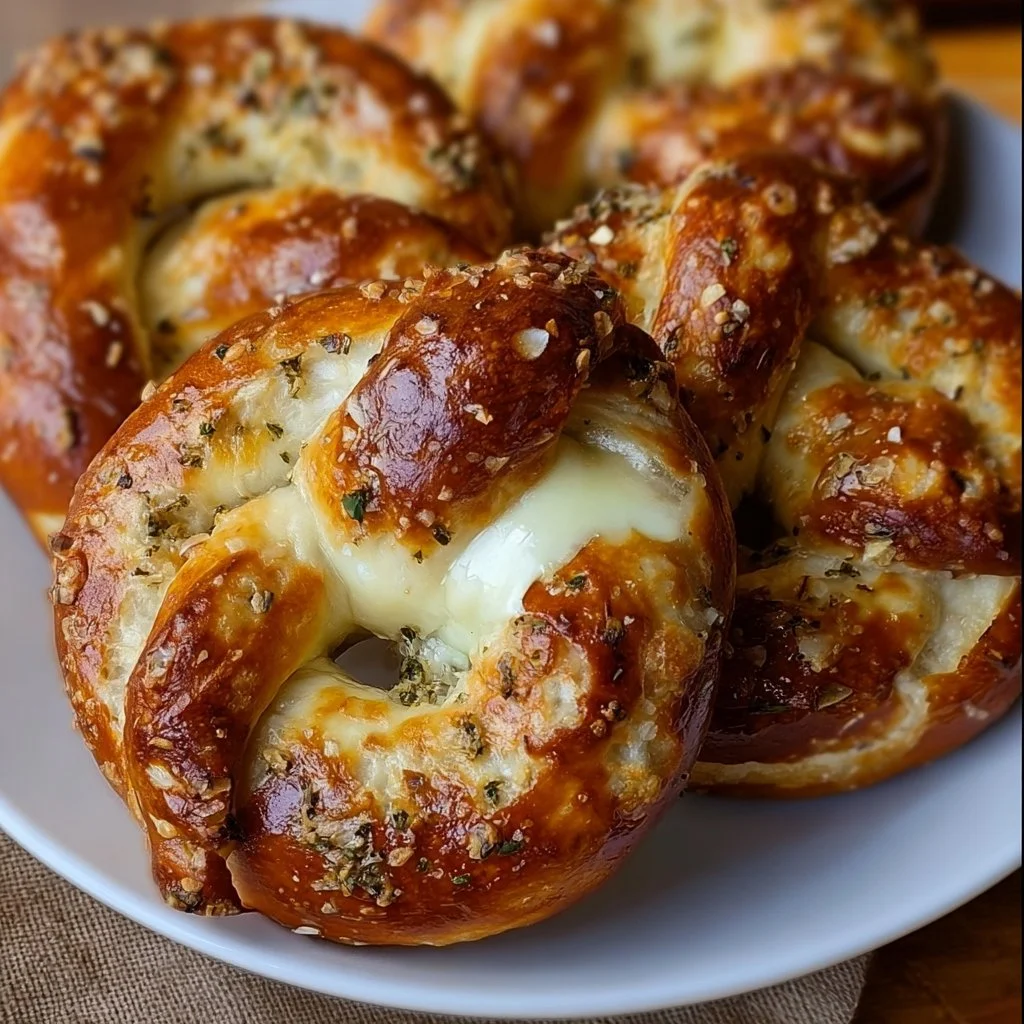 Freshly baked mozzarella stuffed soft pretzels served warm.