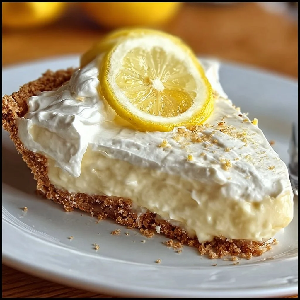 No-Bake Cream Cheese Lemonade Pie with lemon slices and whipped topping