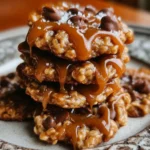No bake salted caramel cookies topped with flaky sea salt on a plate.