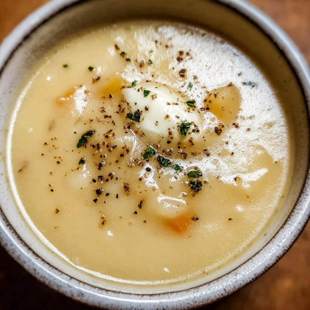 A bowl of old-fashioned potato soup garnished with herbs and served with crusty bread.