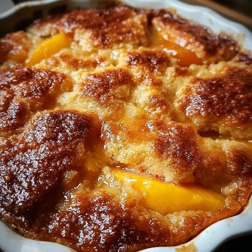 Delicious old oven peach cobbler with juicy peaches and a golden crust