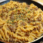 Delicious one-pot creamy beef pasta with garlic butter served in a bowl.