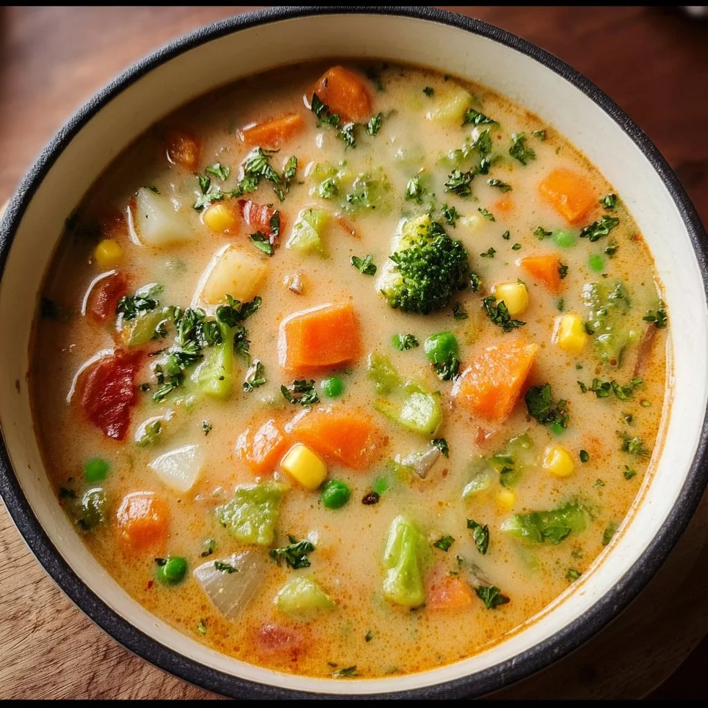 Bowl of One Pot Creamy Vegetable Soup garnished with herbs
