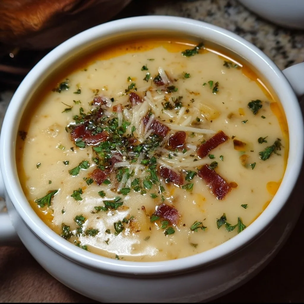 Bowl of Outback Steakhouse creamy potato soup with toppings