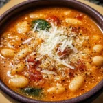 Bowl of Parmesan Tomato Cannellini Bean Soup garnished with fresh herbs