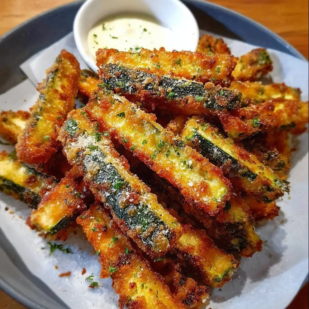 Baked Parmesan Zucchini Fries on a white plate garnished with herbs