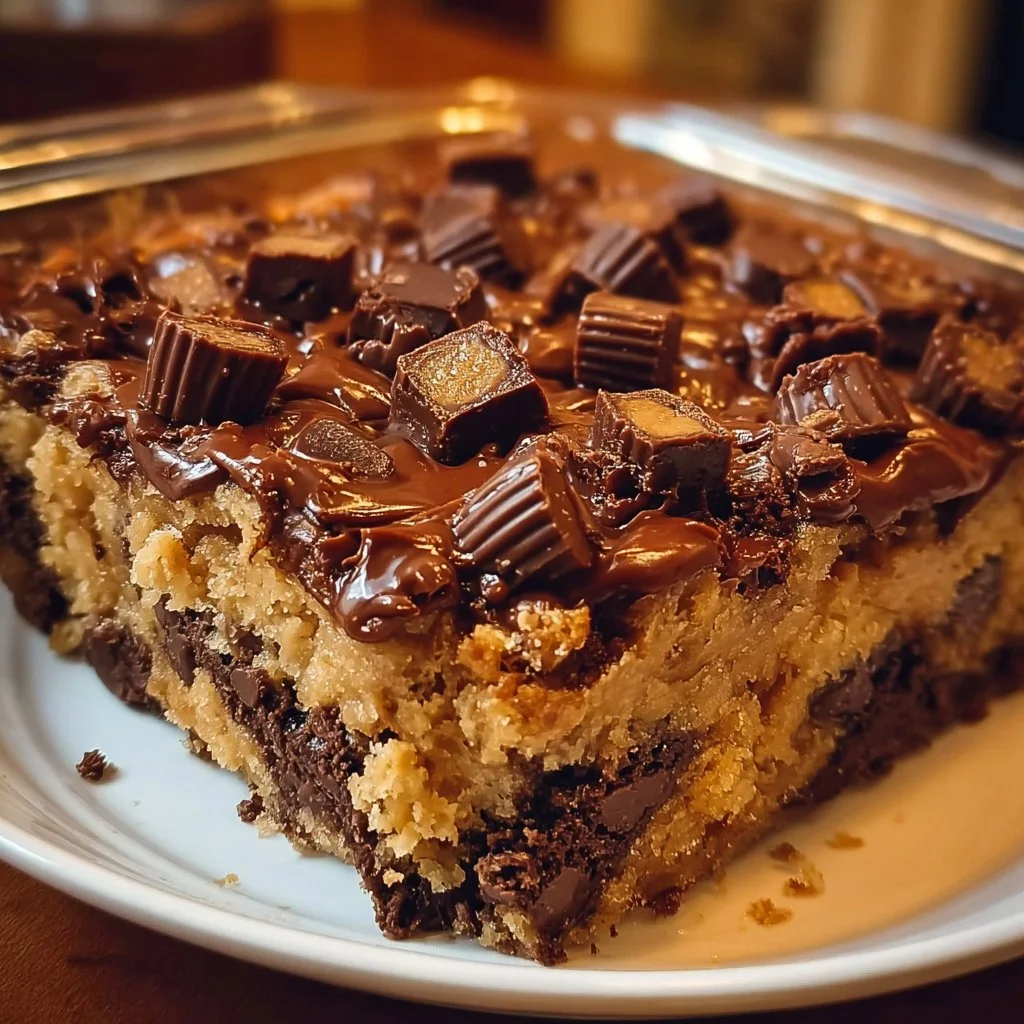 Delicious Peanut Butter Cup Dump Cake served on a plate with peanut butter cups