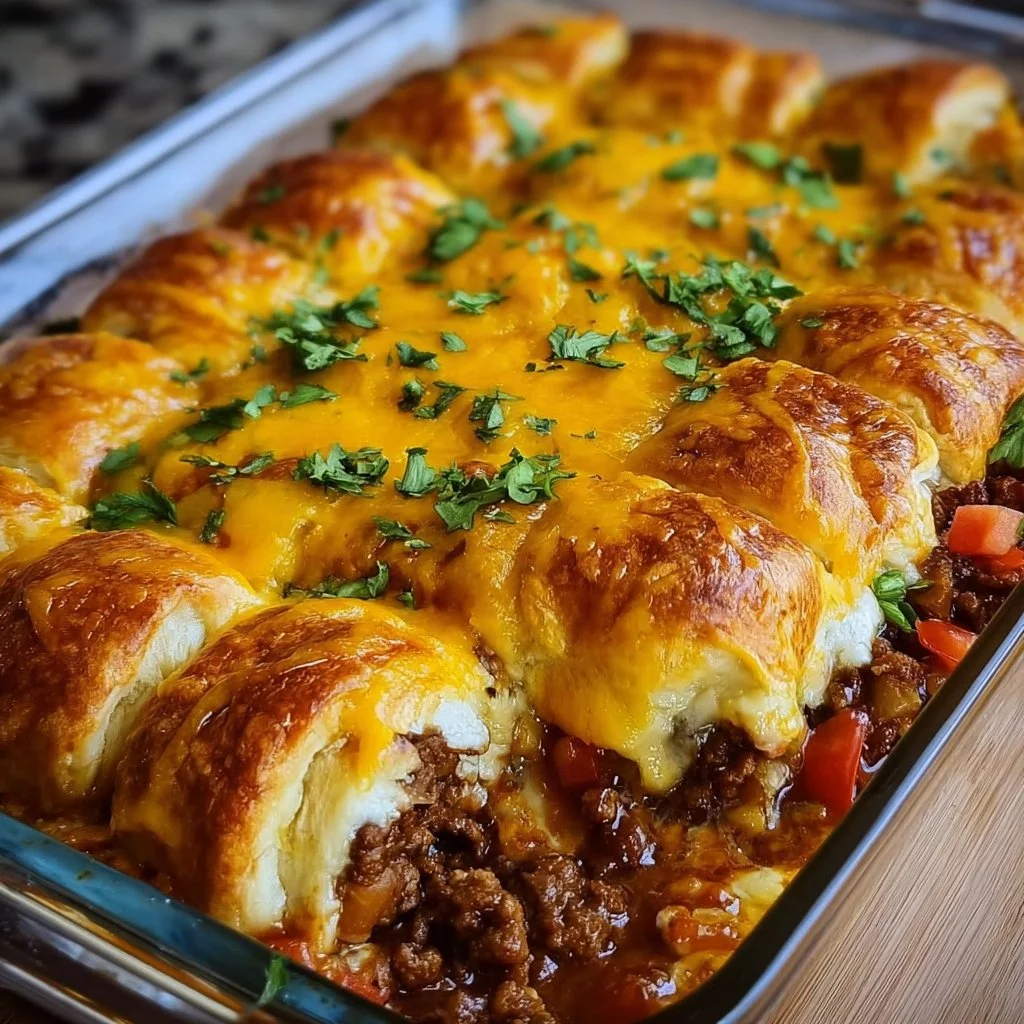 Pillsbury Crescent Roll Taco Bake topped with melted cheese and fresh herbs