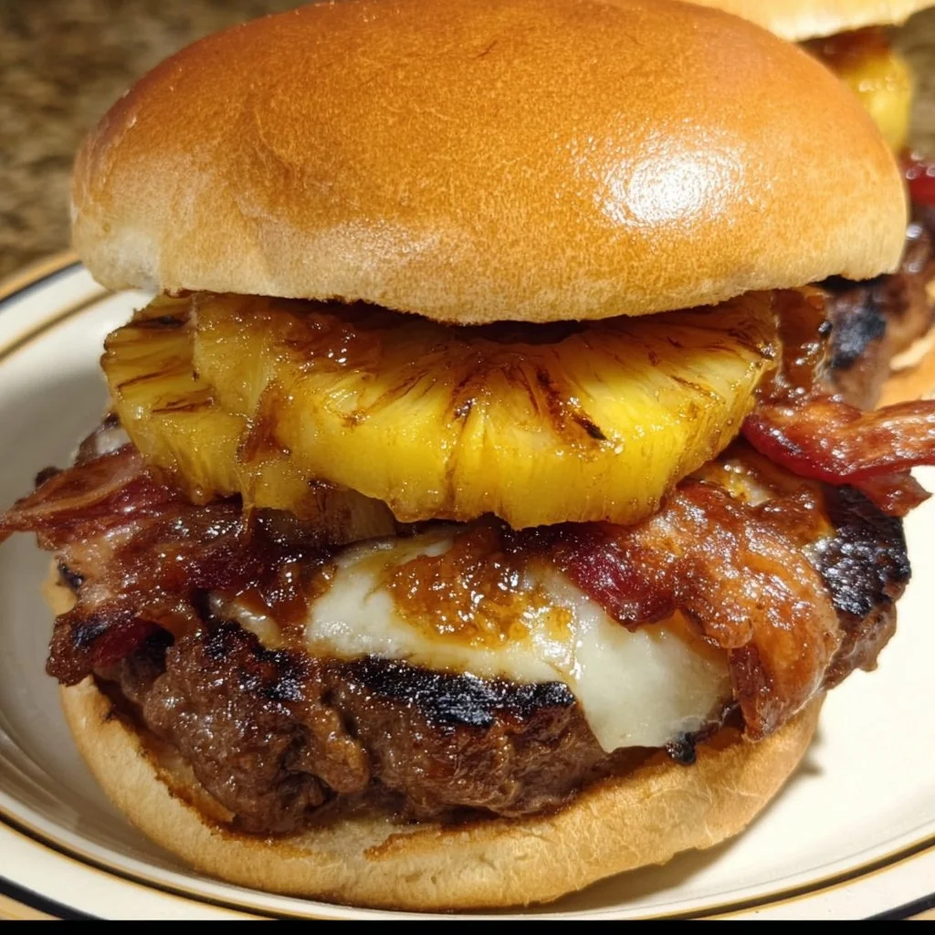 Oven-baked Pineapple Bacon BBQ Burger topped with fresh ingredients