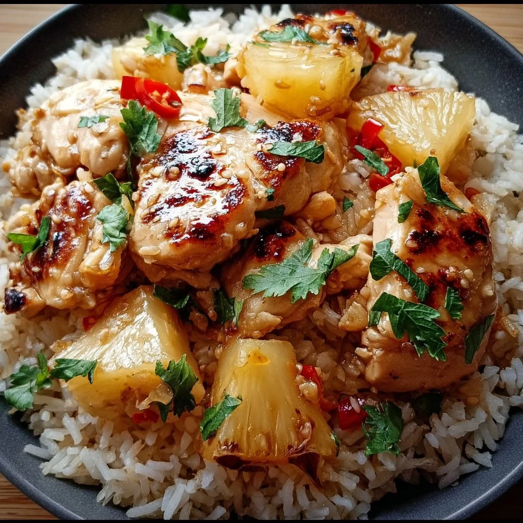 Pineapple chicken served with rice on a plate
