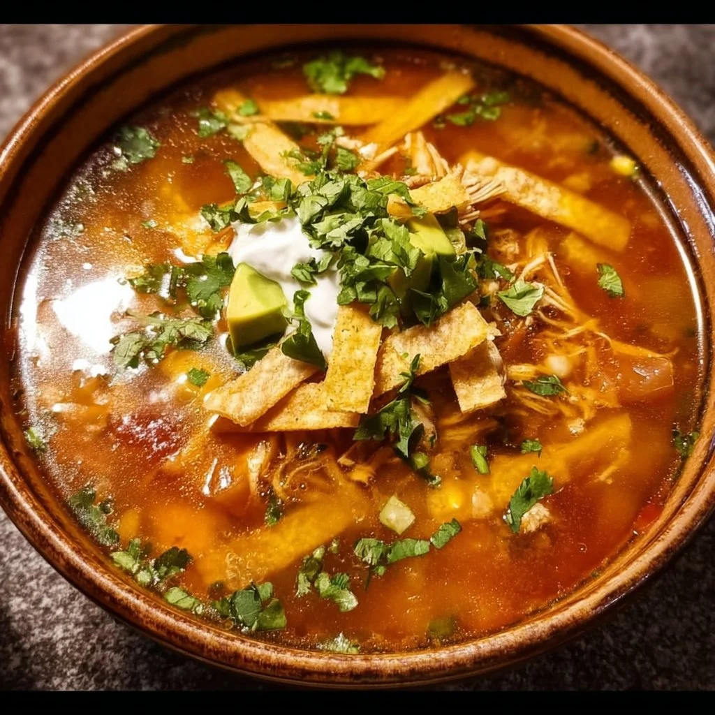 Bowl of Poblano Chicken Tortilla Soup topped with fresh cilantro and tortilla strips