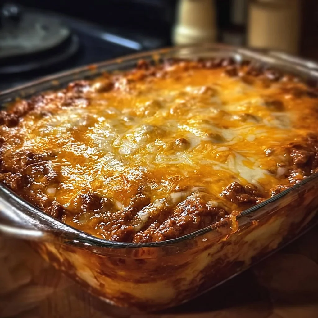 Delicious Poor Man Husband Casserole served in a baking dish