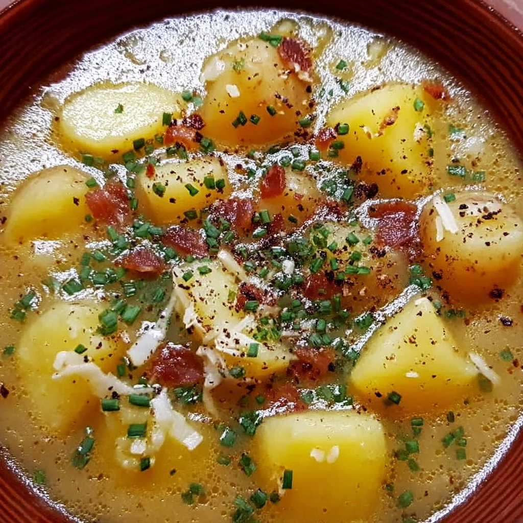 Bowl of creamy potato soup garnished with herbs and spices