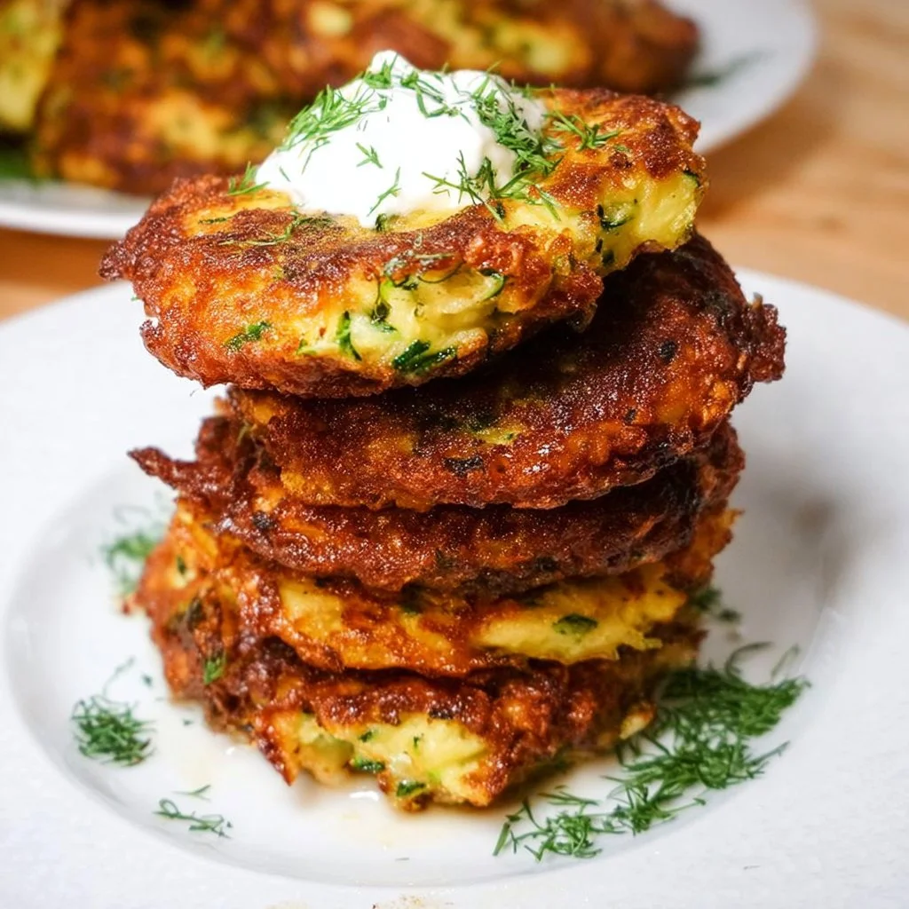 Crispy Potato Zucchini Fritters served on a plate, garnished and ready to eat