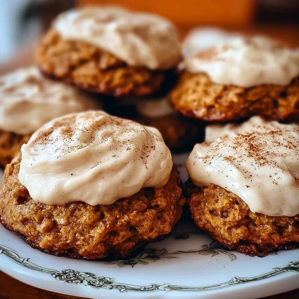 Delicious pumpkin oatmeal cookies with cinnamon cream cheese frosting on a plate