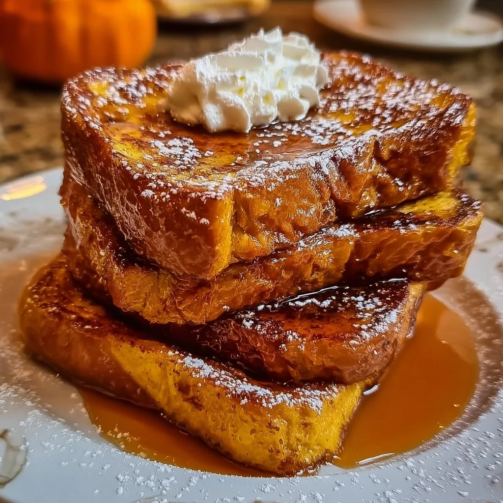 Delicious Pumpkin Pie French Toast topped with whipped cream and cinnamon.