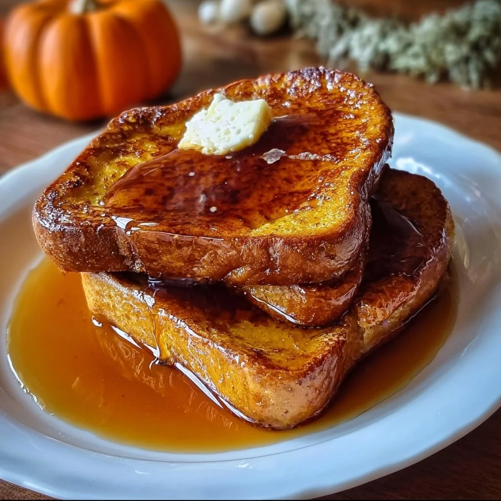Pumpkin pie French toast drizzled with homemade pumpkin syrup on a plate