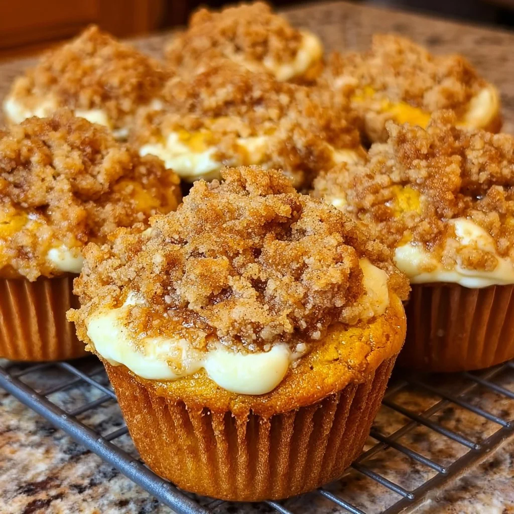 Delicious Pumpkin Streusel Muffins filled with Cream Cheese and topped with crumbly streusel.