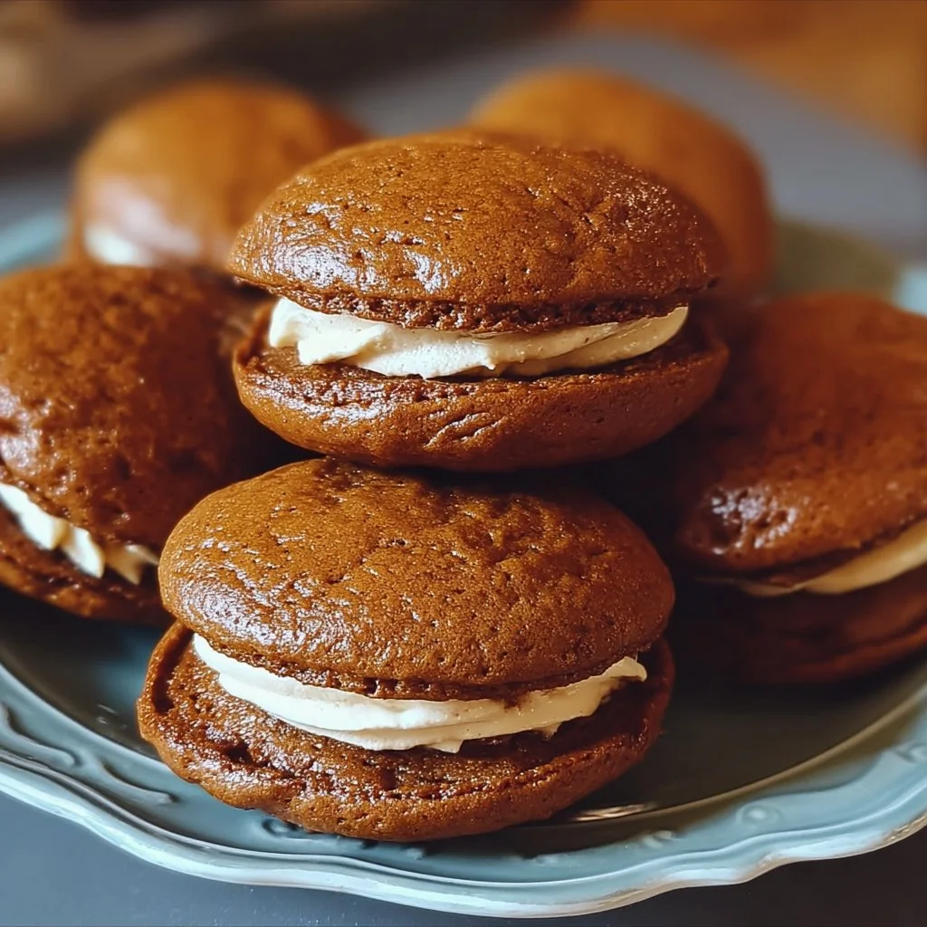 Delicious Pumpkin Whoopie Pies displayed on a rustic wooden table