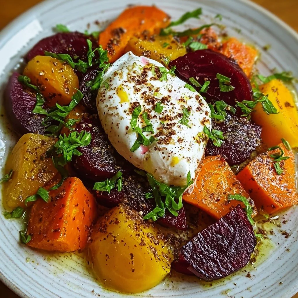 Roasted Beets and Carrots Salad with Burrata served on a plate