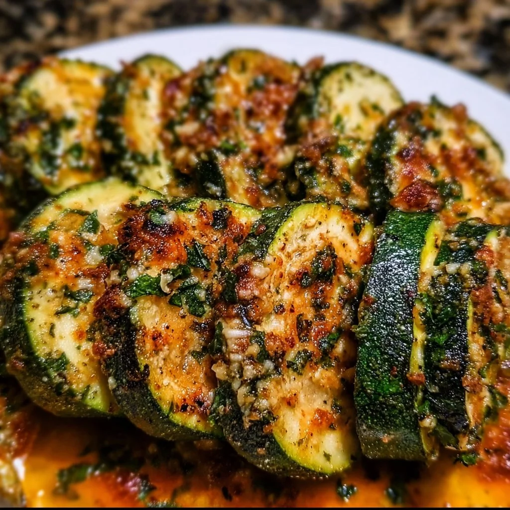 Roasted garlic parmesan zucchini served on a white plate with herbs garnish.
