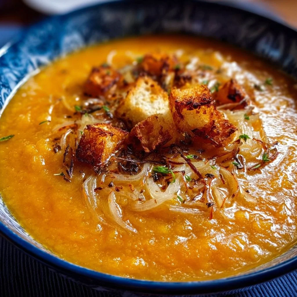 A bowl of delicious roasted vegetable soup garnished with fresh herbs.