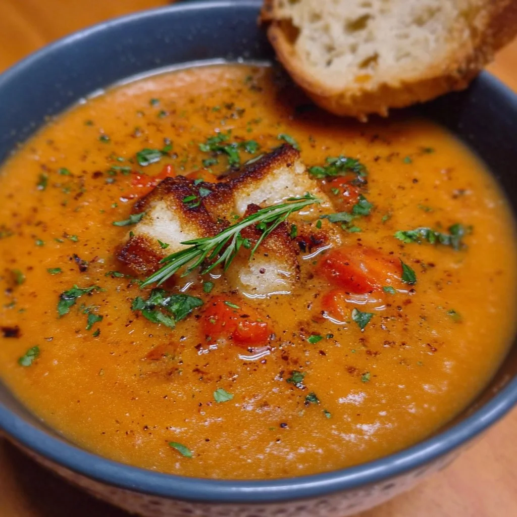 Bowl of delicious roasted vegetable soup garnished with herbs