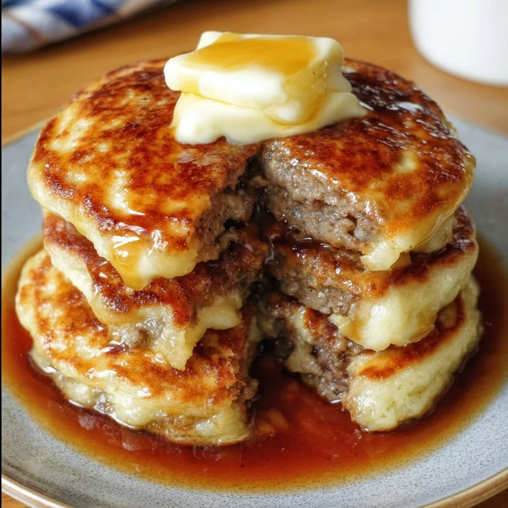 Plate of sausage dipped pancakes with syrup and side of sausage links