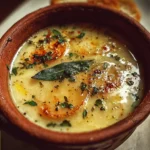 Bowl of savory French garlic soup garnished with fresh herbs.